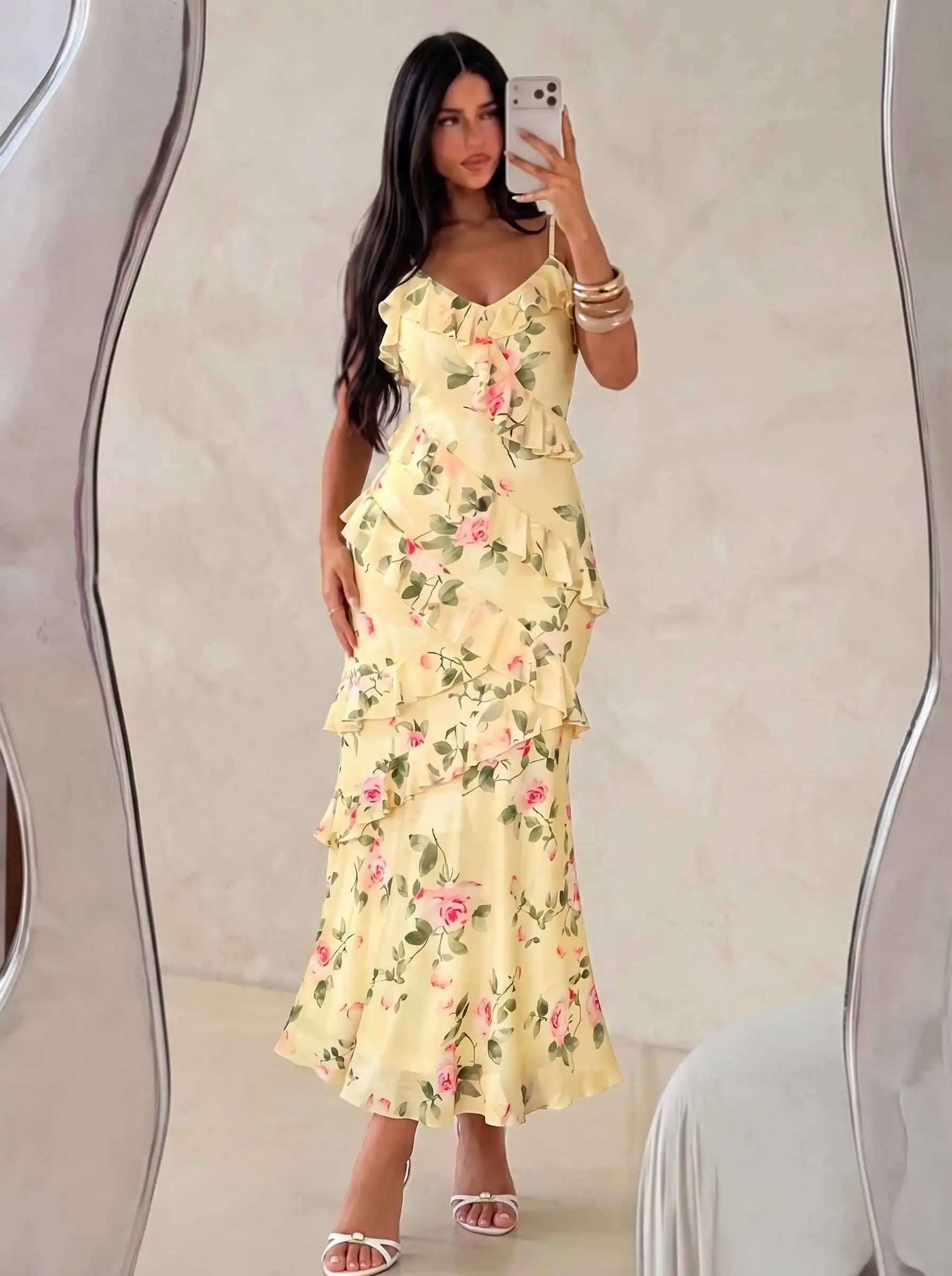 Damen Aquarell-Rosen-Print Cami-Kleid mit Rüschen, Chiffon-Midikleid, Spaghettiträger, fließendes Kleid für Urlaub, Strandparty, Ferien – Detail 1