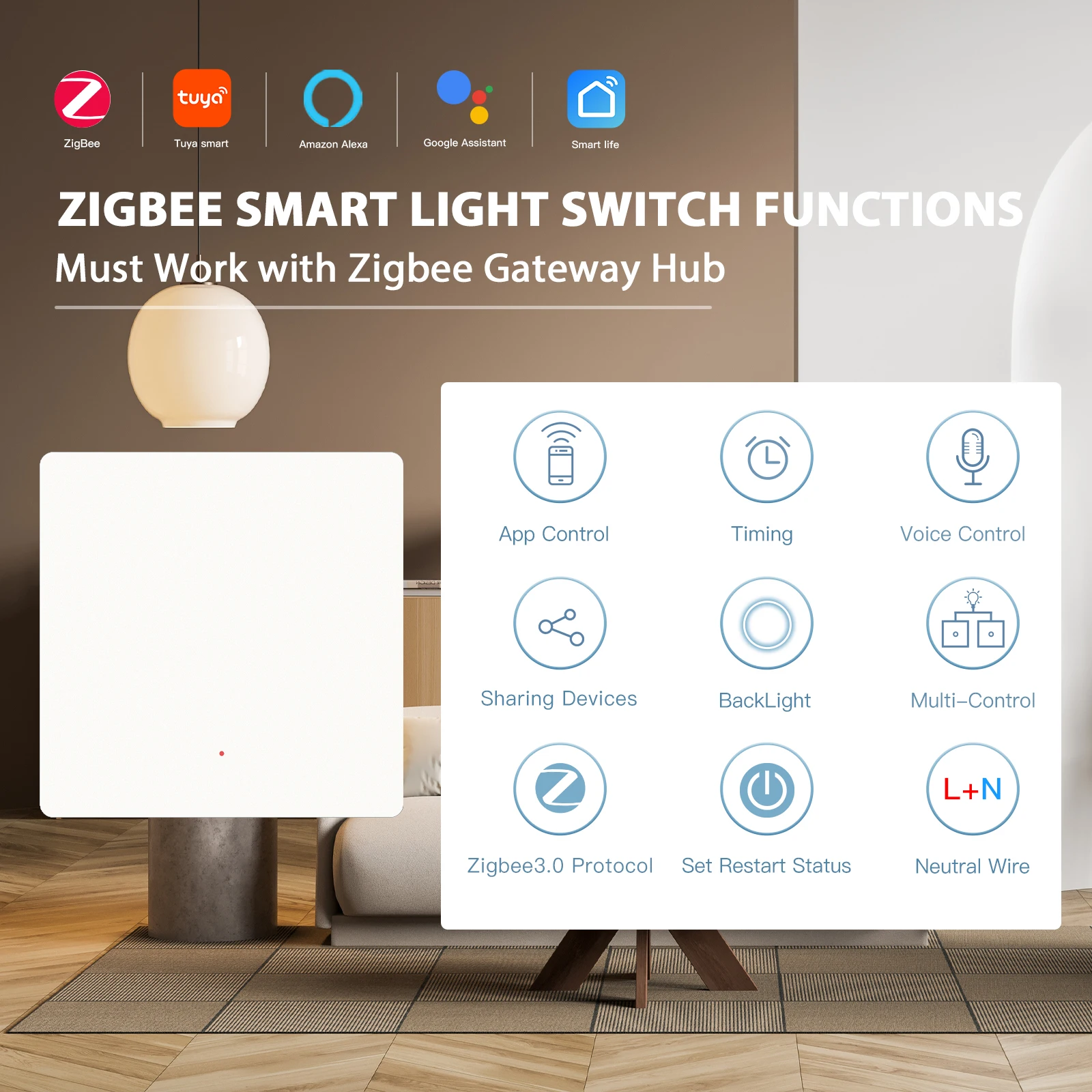 Bseed Zigbee Smart Switch 1/2/3Gang 2Way Push Button Switch Automatic Rebound Work With Tuya Smart Life Google Neutral Required