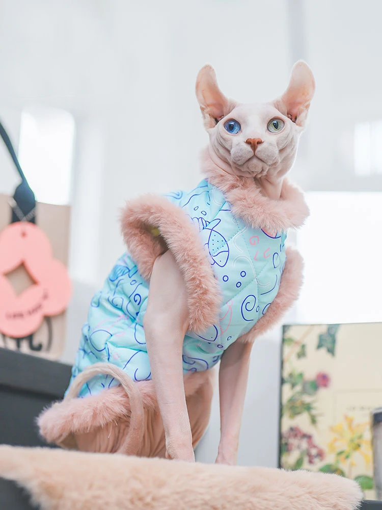 Soft Cotton Coat With Fur for Sphynx Cat Clothes Pink Sweatshirt for Kittens Sweet Costume Sleeves for Female Cats in Winter