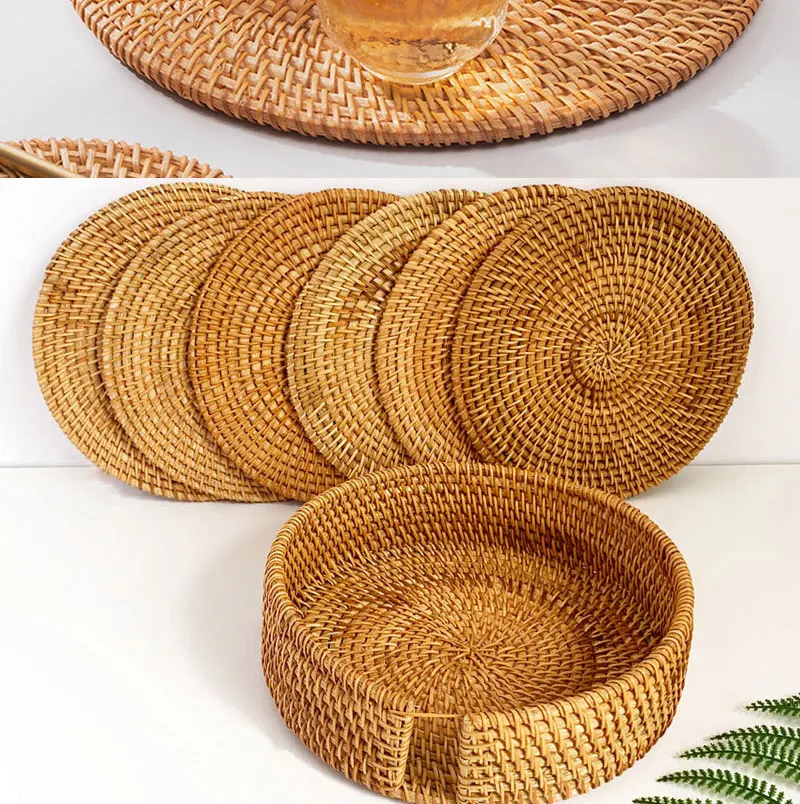 Herbstliches handgewebtes Rattan-Untersetzer-Set: Kreative runde Tassen- und Schalenunterlagen für Esszimmer und Tee – Isoliermatten aus Rattan – Detail 5