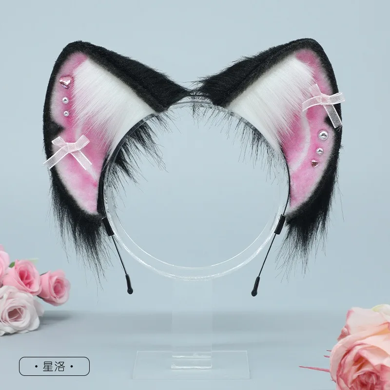 Cute bowknot Furry Cat Ears Hair Hoop Women Girls Lolita Lovely Headband Plush Fox Ear Metal Chain Love Heart Hairband Cosplay