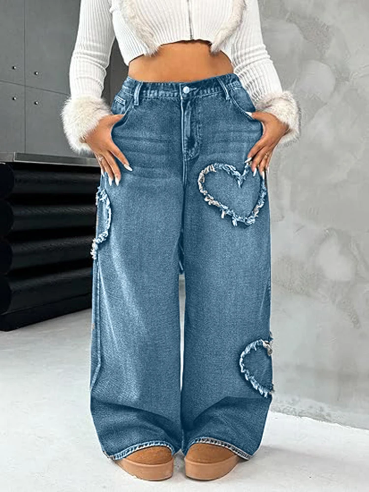 

Plus-Size Vintage Heart-Shaped Frayed Wide-Leg Jeans for Women, High-Waisted, Multi-Pocket, Distressed, Ripped, Loose-Fitting Long Pants
