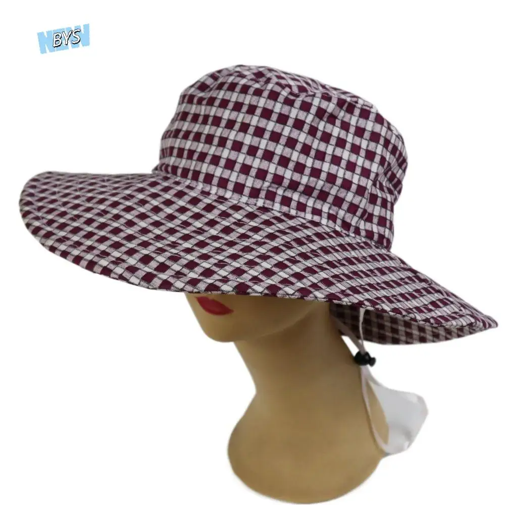 

UV Protection Wide Brim Sun Hat Big Brim Foldable Fisherman Cap Plaid Print with Adjustable Strap Sun Protection Hat Women