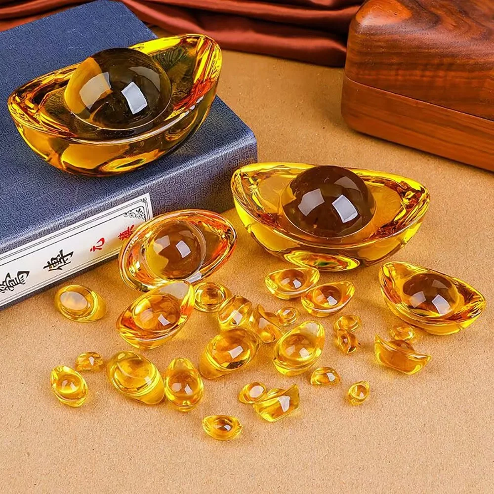 Yellow Crystal Feng Shui Mini Golden Ingot Blessing Wealth Luck Fortune Paperweight Home Decor Gifts