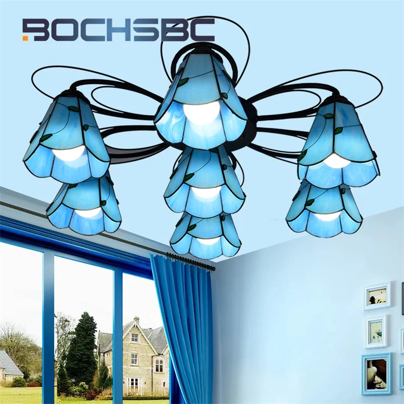 BOCHSBC Tiffany stained glass Mediterranean-style ceiling light deco the living room Restaurant Hotel bar blue pendant light