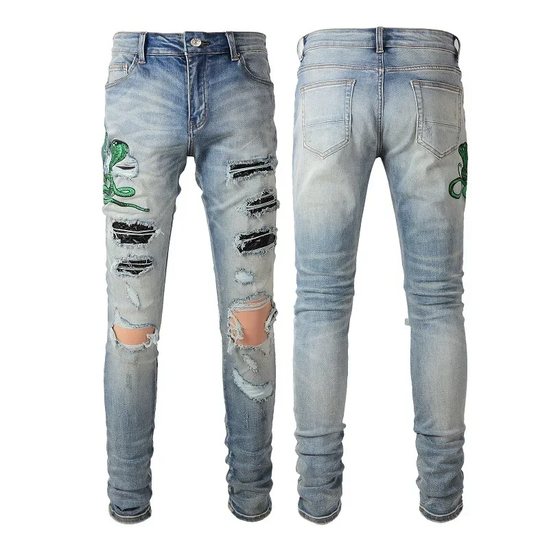 Men Vintage Casual Jeans Autumn Pencil Pants Denim Ankle Length Trousers Skinny Folds Embroidery Cobra Hole Distressed Denims