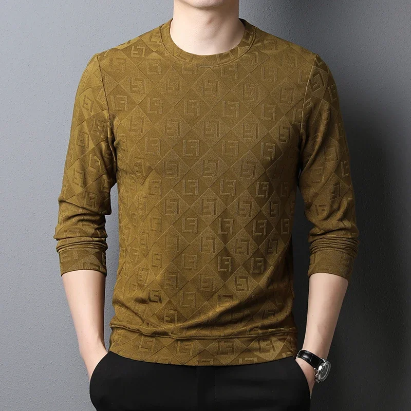 Camiseta monocromática masculina com gola redonda, top Jacquard, capuz confortável e versátil, nova moda