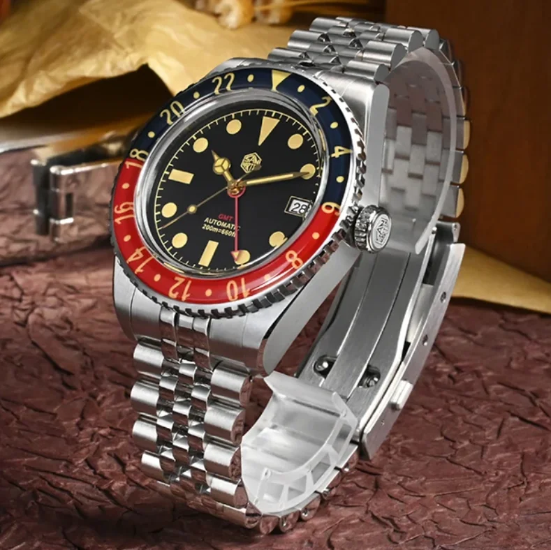 San Martin Men GMT Watch 40MM Automatic Mechanical Wristwatch 20Bar Waterproof C3 Luminous Sapphire Bezel NH34