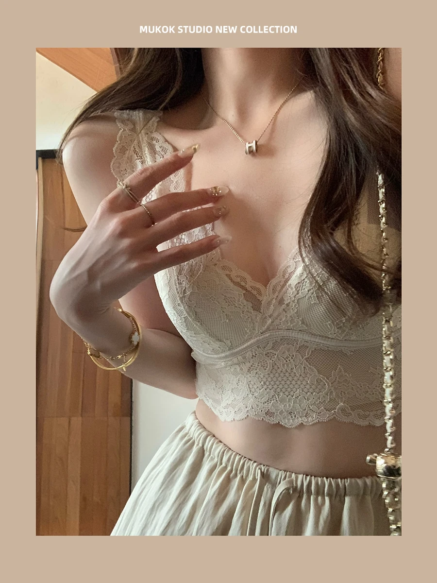 

MUKOK Lace Splice Trim 45 Deee Oblique Cut Beautiful Ba Strap Vest Layered Match All Match Upper Apparel Women's Faion