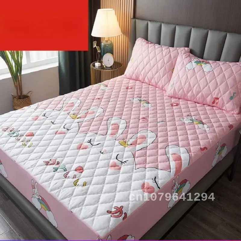 Luxury Quilted Waterproof Mattress Cover Embroidered Fabric Lovely Cartoon Mattress Protector Soft Pad Home Bedroom Bed Decor