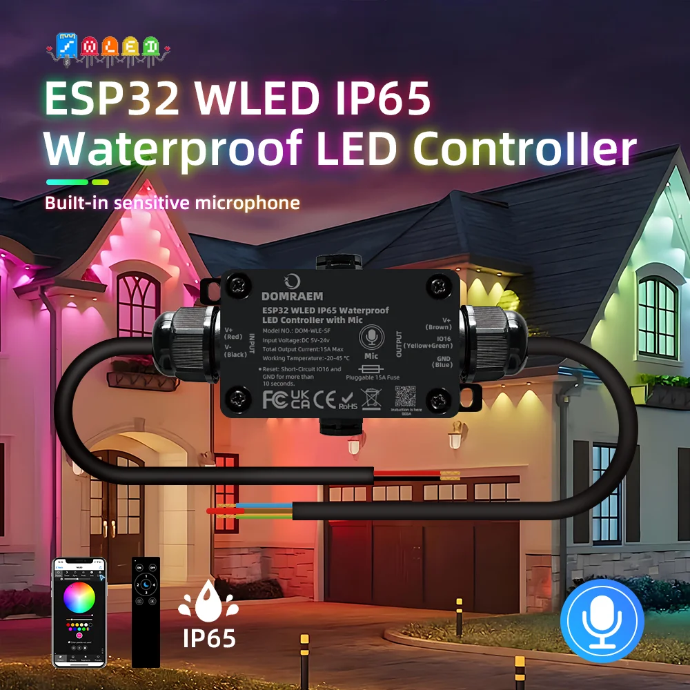 DOMRAEM Outdoor Waterproof ESP32 WLED Digital LED Mic Controller IP65 15A Fuse RCP WS2811/05etc Alexa/HA/MQTT App Remote RGB IC