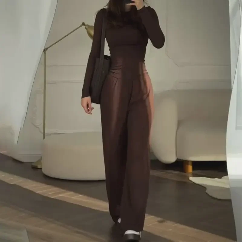 Women's Faionable round Ne Long Sve Elastic Waist Pants Two-Piece Set Casual Sle Polyester Fiber T-irt Autumn Wear