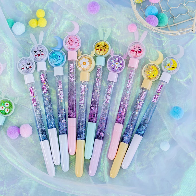 1PC Kawaii Rabbit Moon Liquid Quicksand Gel Pen Neutral Pen Sequins Decorate Signature Pen School Office Supply Stationery Gifts