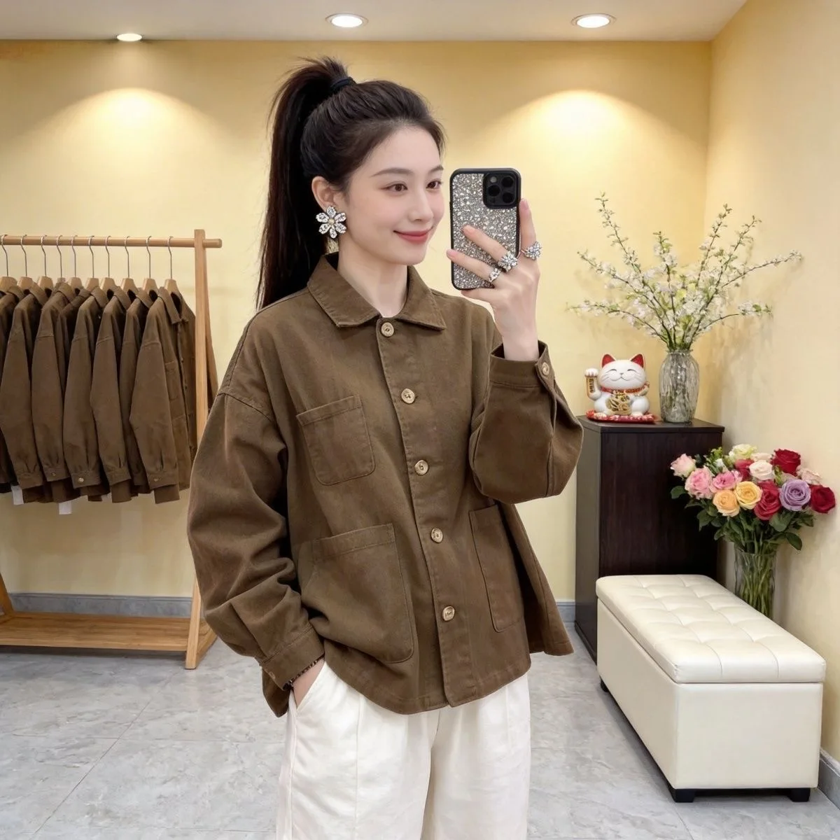 Retro Twill Workwear Jacket Women's Loose Single Button Turn-down Collar Cardigan Top Fashionable Autumn New Style Versatile