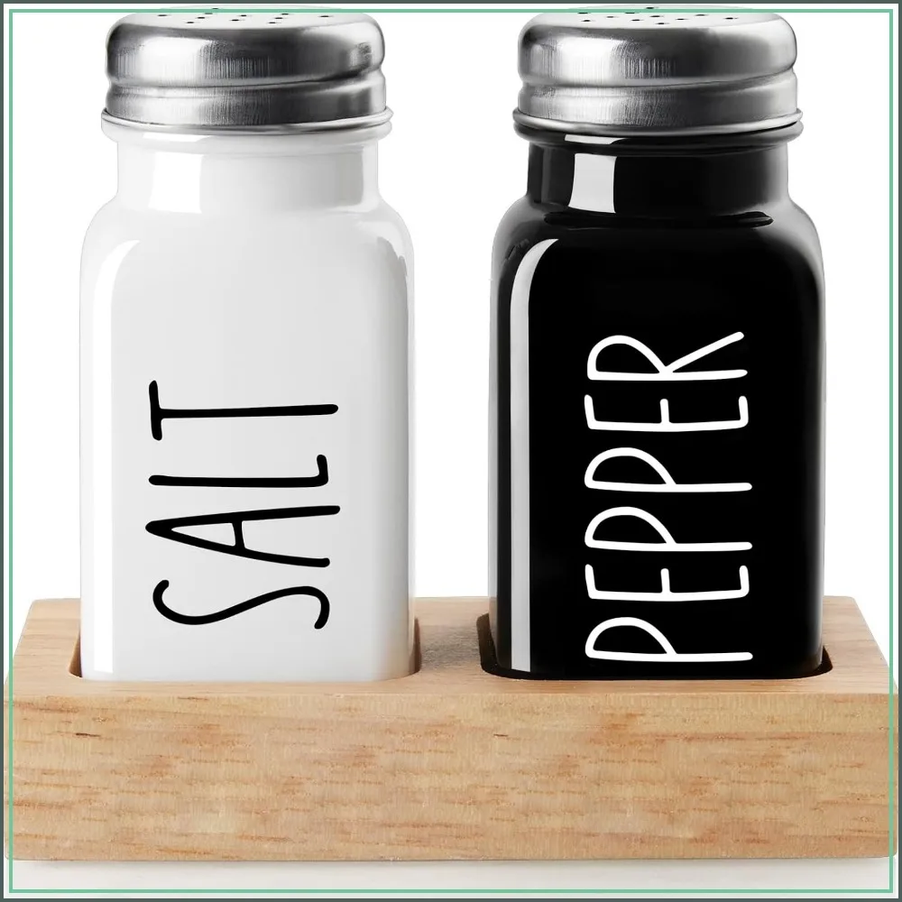 

Salt and Pepper Shakers Set with Wood Caddy, 2.7 oz Each, Black and White Kitchen Decor, Perfect Gift for Cooking Lovers