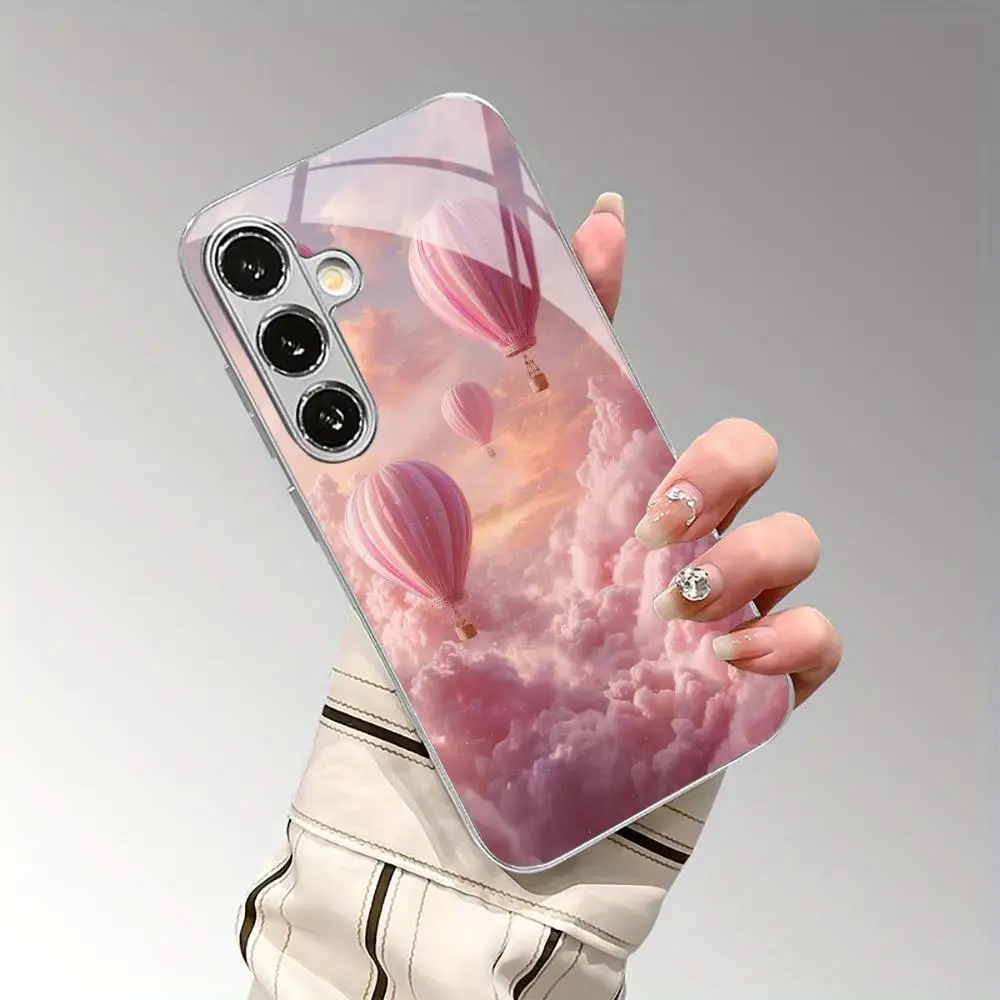 Pink Hot Air Balloon Tempered Glass Back Case For Samsung Galaxy S26 S25 S24 Ultra S23 S22 Plus FE Shockproof Phone Cover Shell