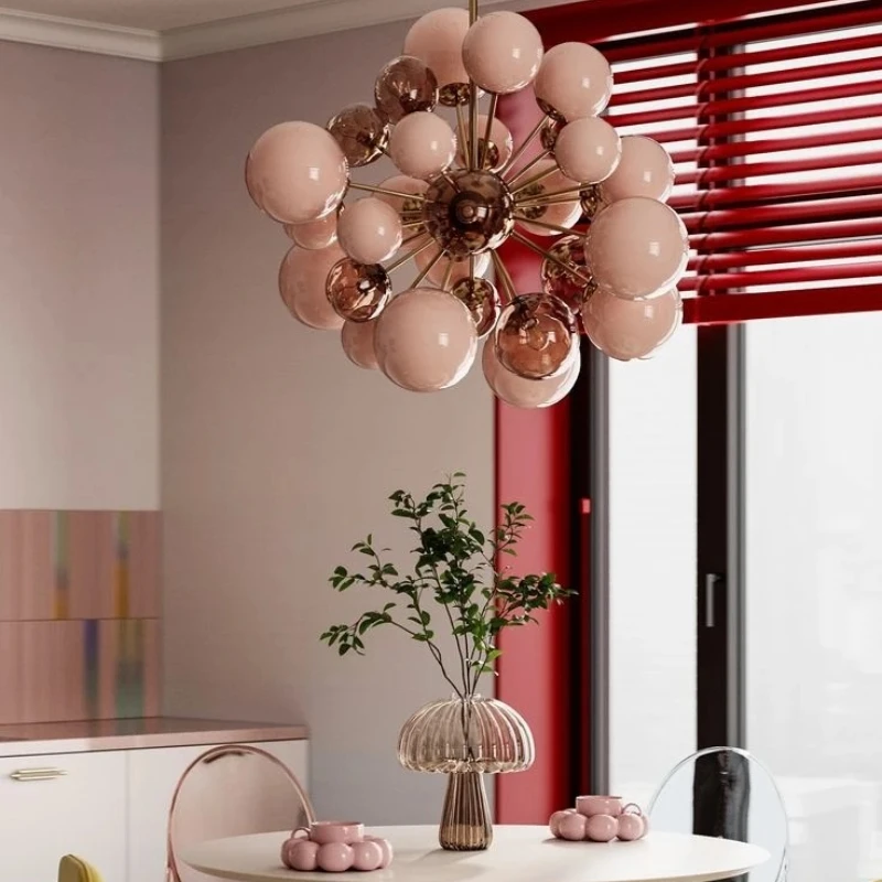 

Modern Pink Bubbles Blast Art Glass Chandelier Design Lighting Fixture LED European Design Villa Foyer Living Room Ceiling Deco