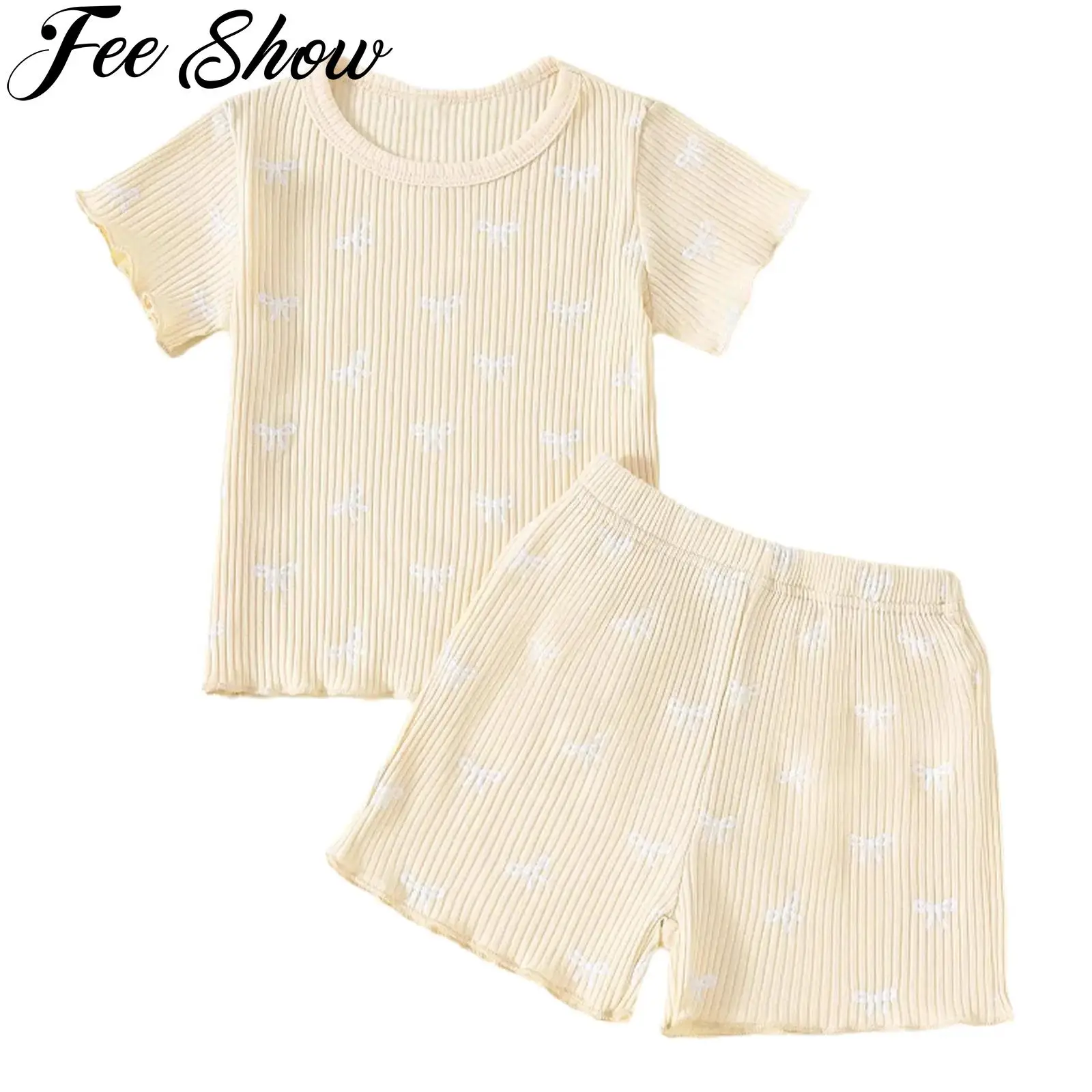 

Toddler Baby Girls Summer Clothes Cute Bowknot Ribbed Short Sleeve T-Shirt Tops And Shorts Outfit Casual Homewear Loungewear