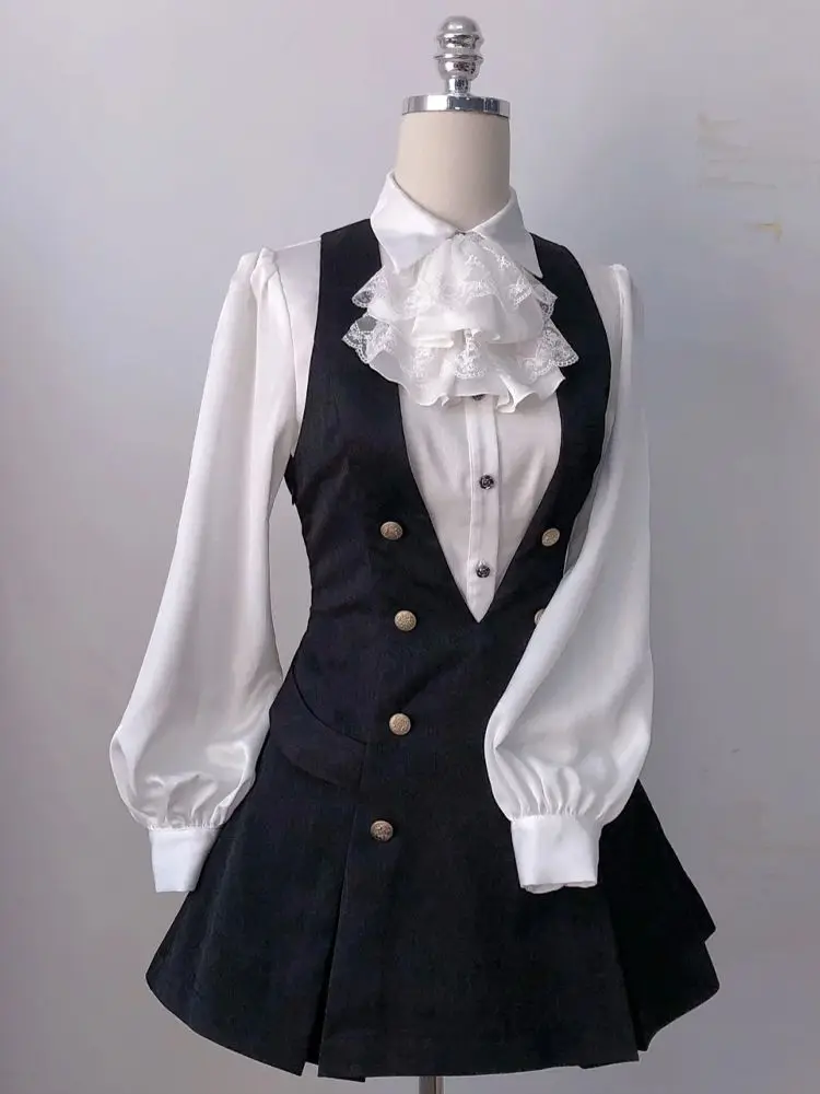 

Шикарные комплекты из 2 предметов в консервативном стиле, женская одежда Y2K, белые блузки, туника, двубортное платье, винтажный милый осенний костюм