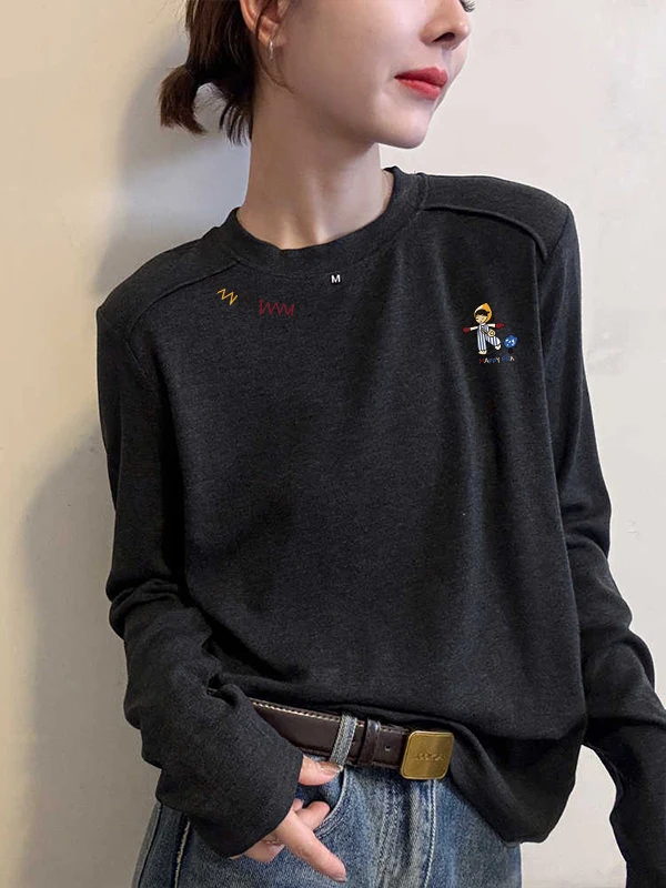 Bianco lungo Sve rotondo Ne Base irt Donna Autunno Faion Design semplice Cartoon Body Tee Sli Versatile Top alla moda