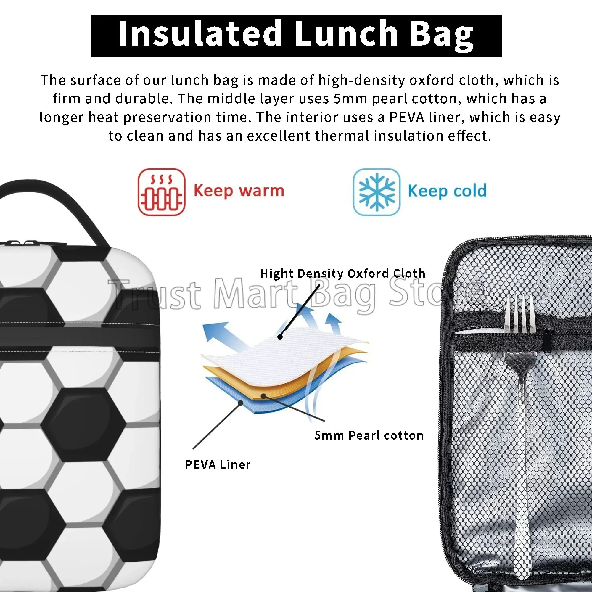 Soccer Insulated Lunch Bags Cooler Tote Organizer Bags Reusable Lunch Box for Women Girls Boys School Work Picnic Camping Travel