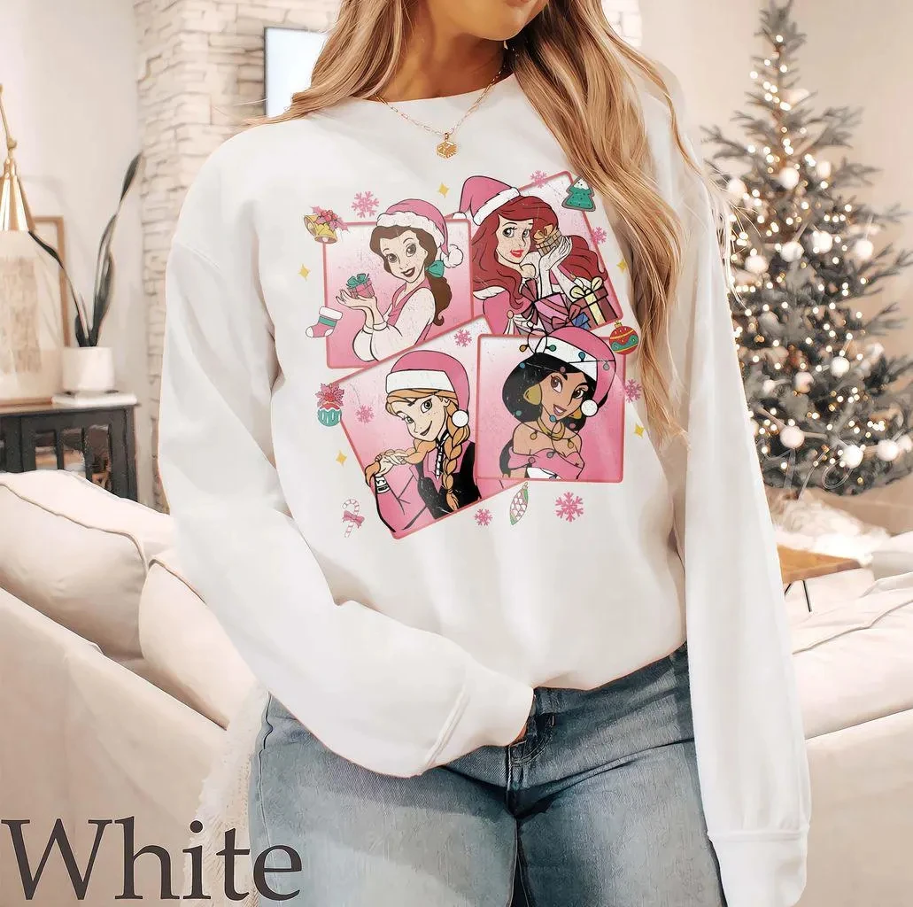 سويت شيرت عيد الميلاد الوردي لأميرات ديزني هدية العيد لمحبي أميرات ديزني المتطابقة مع تي شيرت عيد الميلاد الوردي للفتيات #2