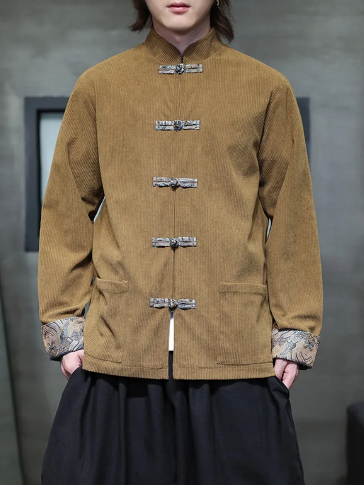 

Новая мужская винтажная куртка в китайском стиле с вышивкой и воротником-стойкой, весенне-осеннее вельветовое пальто, улучшенная верхняя одежда в стиле Тан Ханьфу