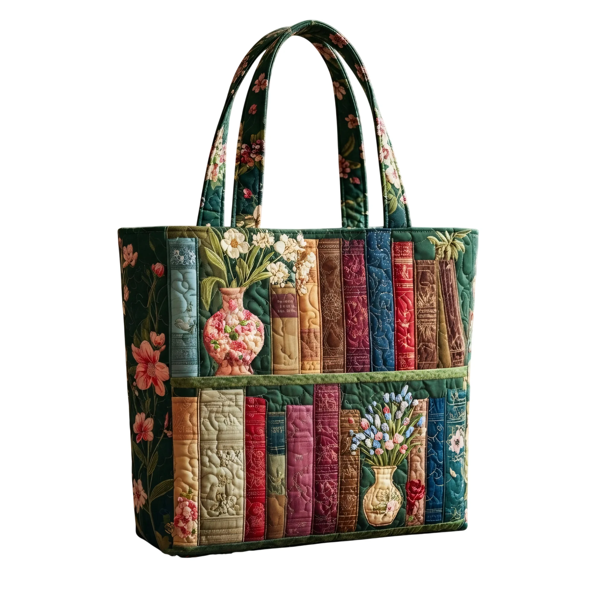 Vintage Library Bookshelf Quilted Tote Bag Dark Green Floral Vase Casual Shopping Work Gift Reusable Bag for Women Men