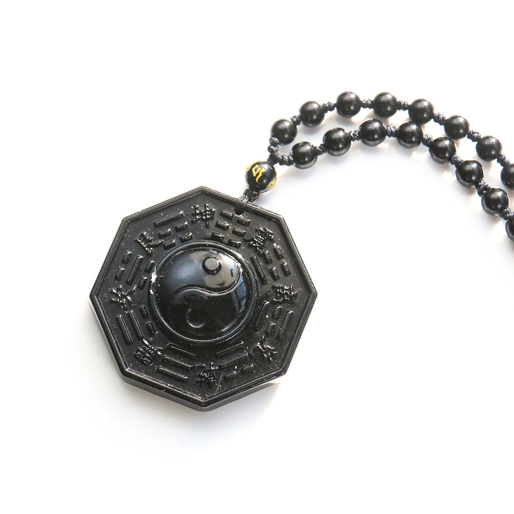 Obsidian Stone Taoism Necklace Black Pendant Chinese Tai Ji Ba Gua Octagon Long Sweater Chain Amulet Mascot Men Taoist Jewelry