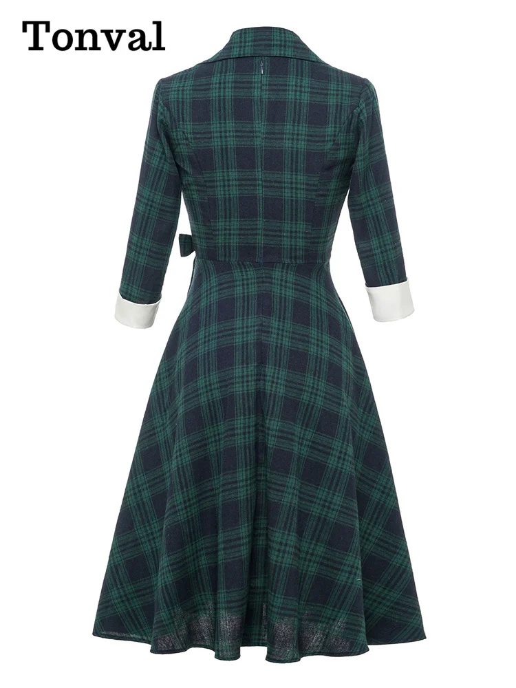Tonval Notched Collar Green Plaid Vintage High Waist Dress Autumn Winter Women 3/4 Length Sleeve 1950S Rockabilly Midi Dresses