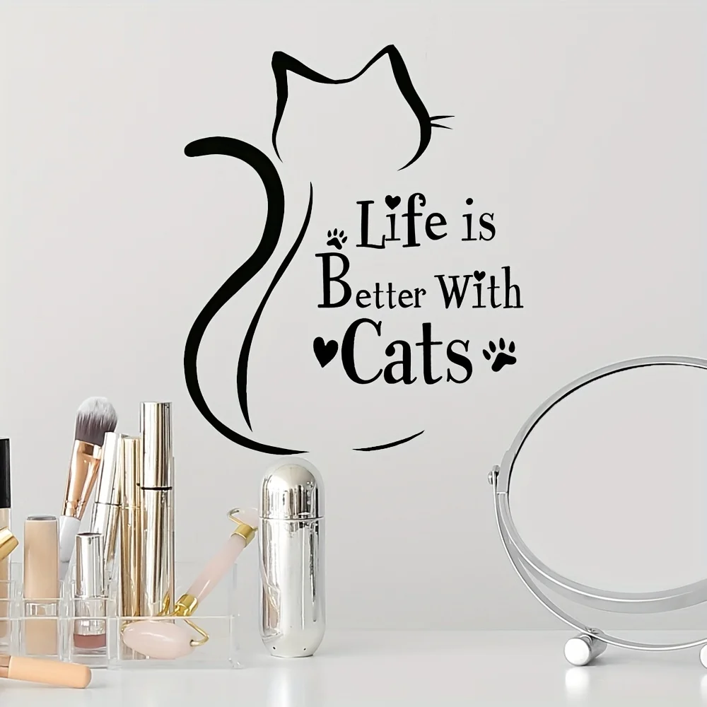 1 Cat Silhouette Wall Sticker - "Life Is Better with Cats" Quote, Glossy Surface with Paw Print Design, Fun Decoration for Cat Lovers view 4
