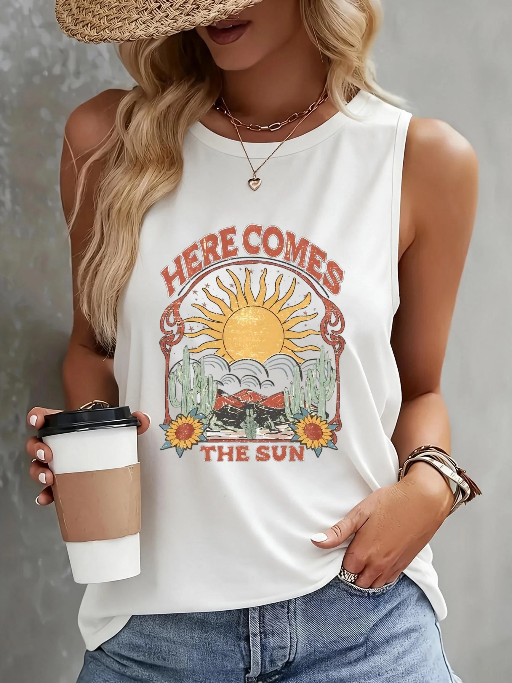 HERE COMES THE SUN Graphic Tank Tops Vest for Women Y2K Retro Geometric Sun and Floral Print Sleeveless T Shirt Clothes Female