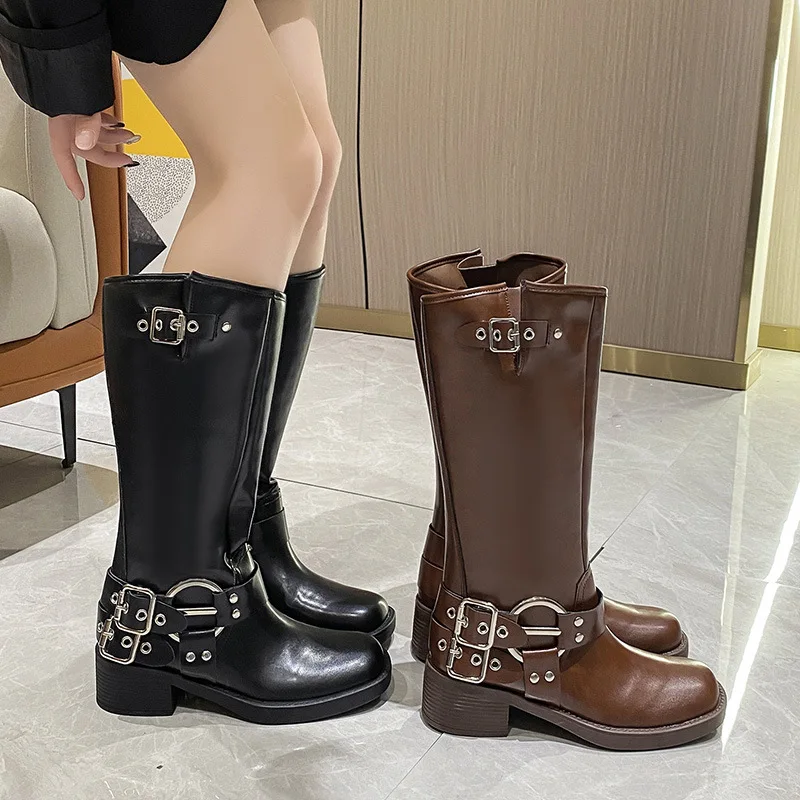 2025 New Winter Denim Boots Women's Retro punk Brown Belt Buckle Round Head High Boots knight Boots Knee Length Boots