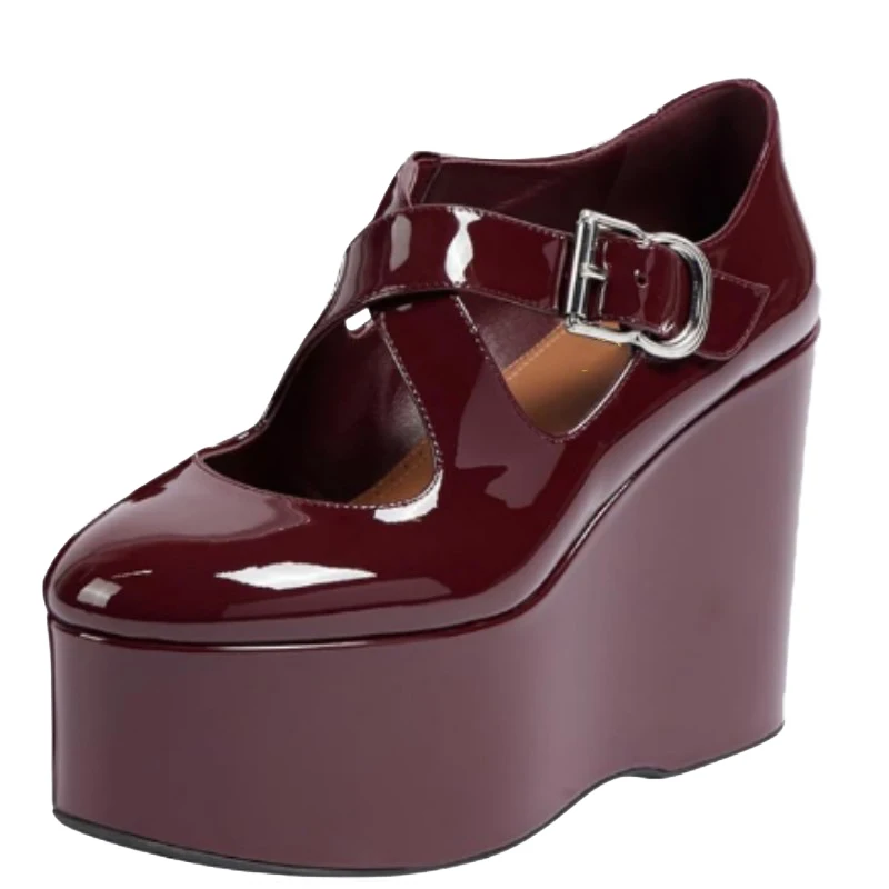 

SHOFOO Fashionable women's high heels. Wine red patent leather single shoes. About 15cm heel height.Wedges heel platform shoes.