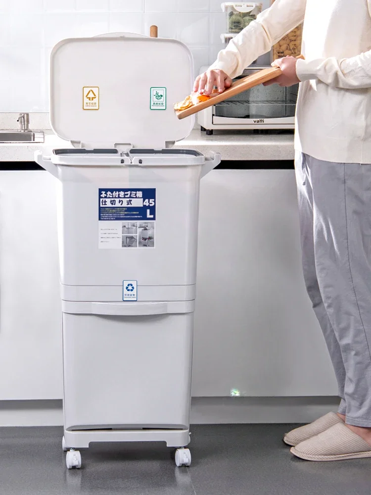 Bin Household Double decker Kitchen Waste with Lid, Dry and Wet Separation and Classification, Japanese Style