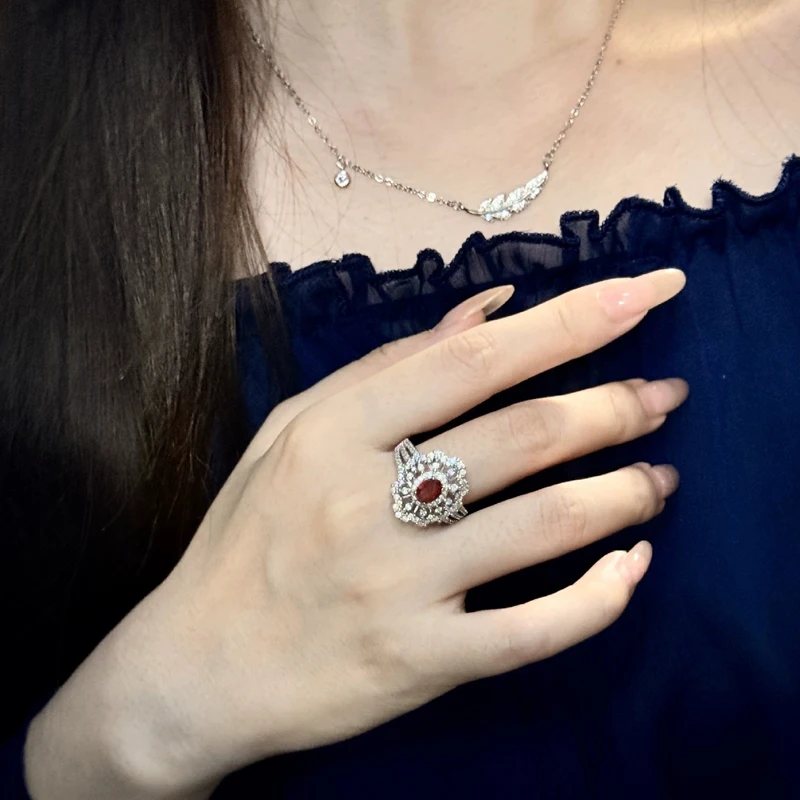 Beautiful Ruby S925 Silver Ring Female Red Corundum Process Inlaid Luxury Small Popular Design High Level Sense New Year's Gift