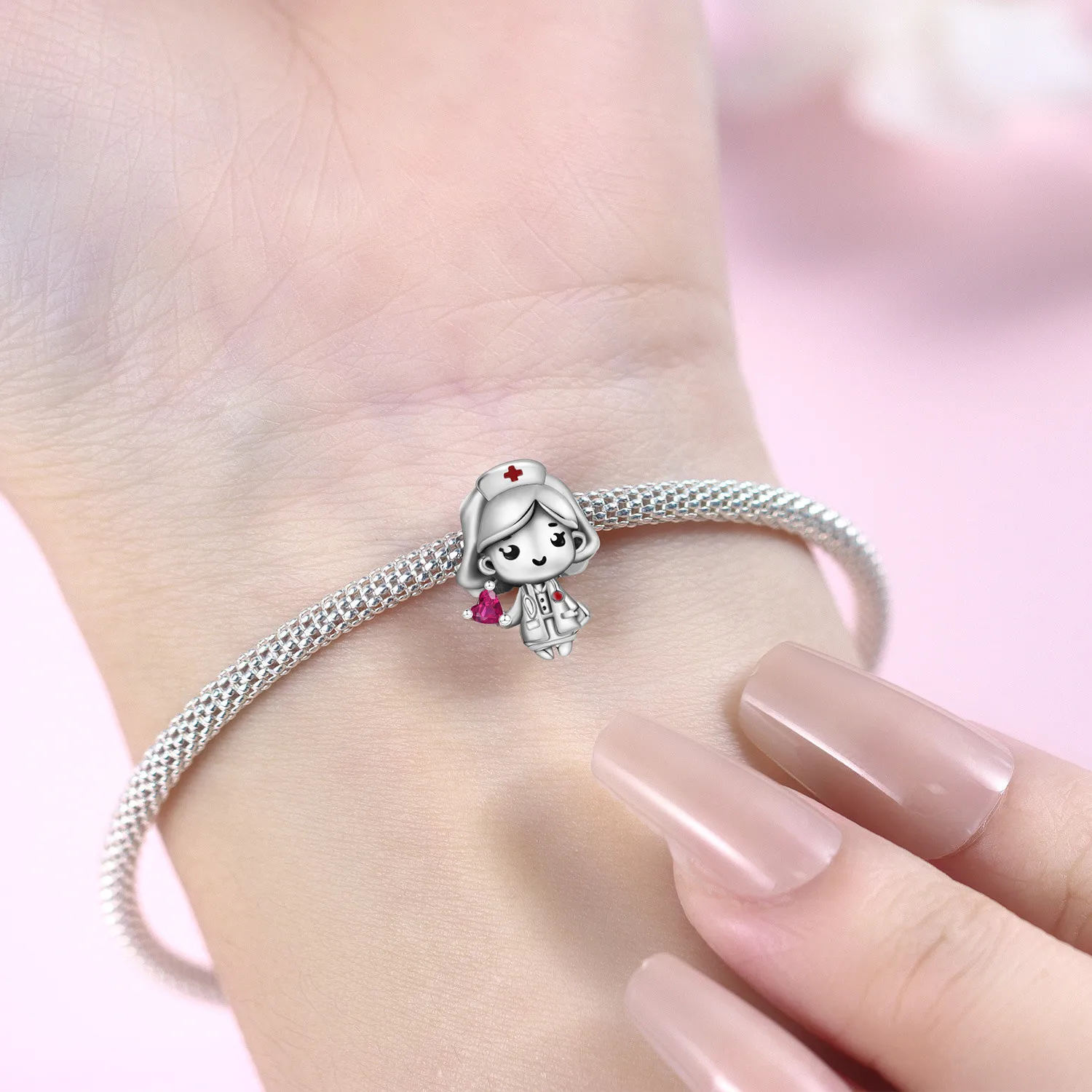 PANPOKI 925 Sterling Silver Caring Nurse Cartoon Character  Beads Original Pendants Charm Jewelry DIY Necklace Bracelet Gifts