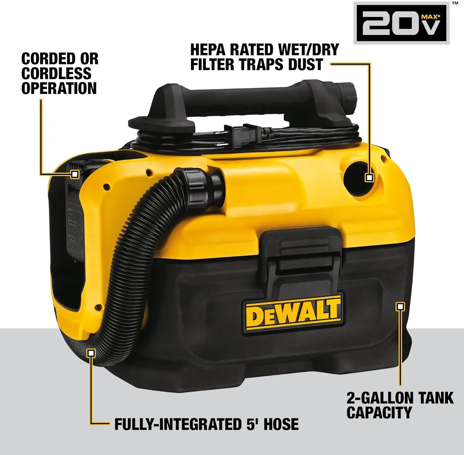 DEWALT 20V MAX Wet/Dry Vacuum, Cordless and Corded, Versatile Power Source, Portable Shop Vacuum, Tool Only (DCV581H)