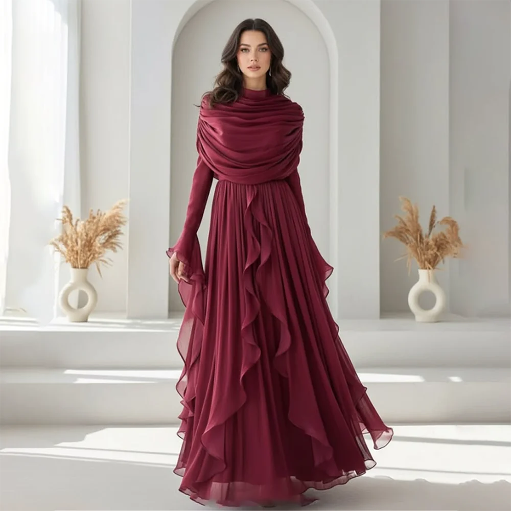 

Women's Formal Evening Gowns Long Sleeve Ruffle A Line Pleated Draped Evening Dresses Elegant Formal Prom Wedding Guest Gowns
