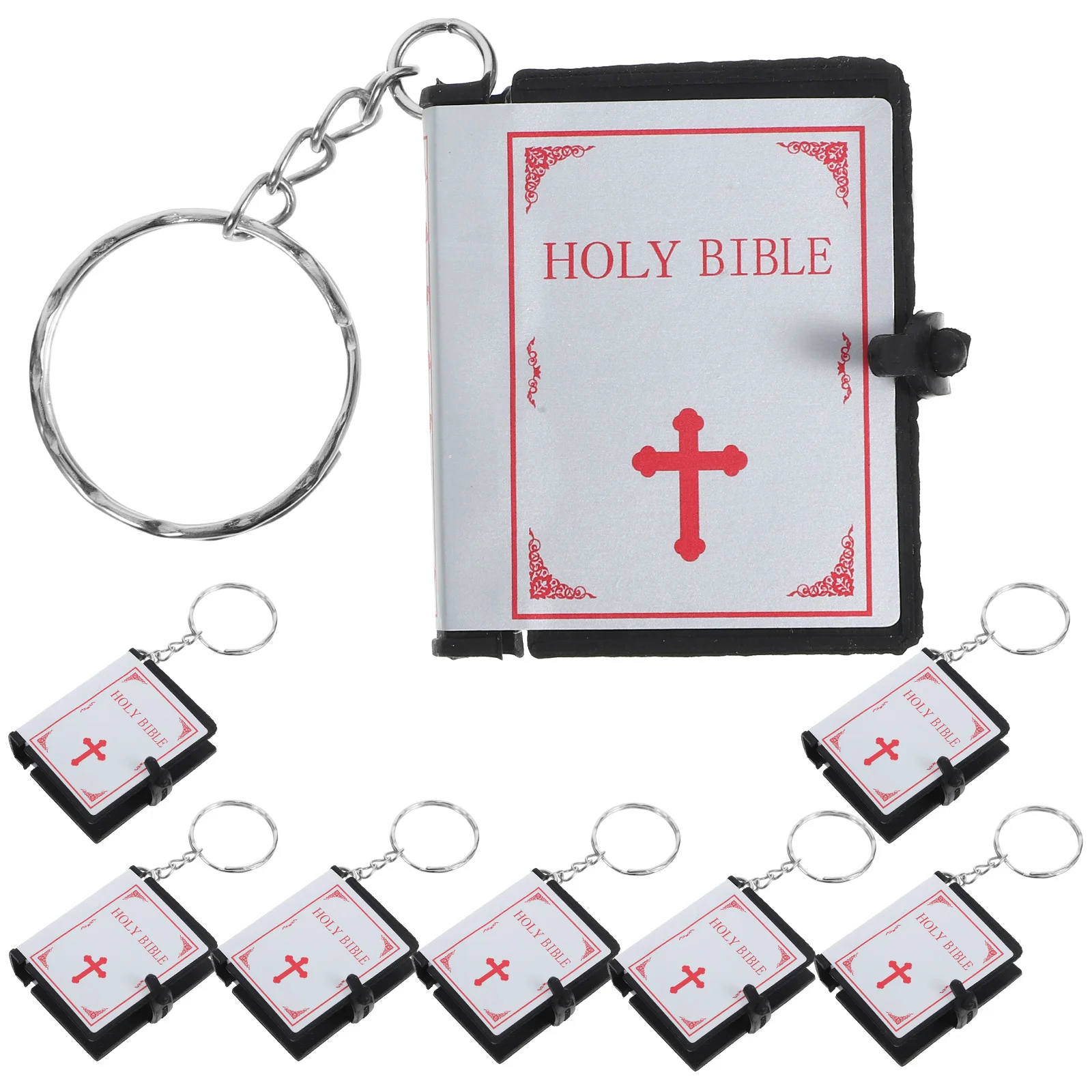 

8pcs Mini Keychain Religious Gifts Silver PVC Bible Book Pendant Key Ring Sunday Gifts Bible Hanging Decoration Backpack naments