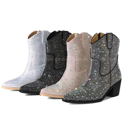 IPPEUM Rhinestone Boots Cowboy Women Black Ankle Design Chunky Heel Ponited Toe Size 43 New In Women's Western Boots