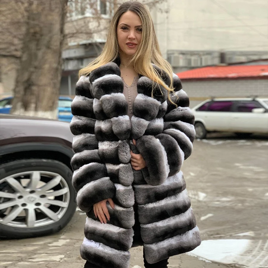 Natural Chinchilla Color Rabbit Jackets With Turndown Collar 2024 Winter Warm Rex Rabbit Fur Jackets Short Rabbit Fur Coat Ladie