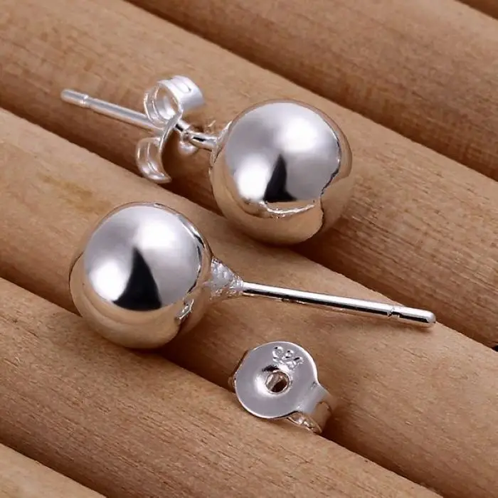 925Silver color cute hot women lady nice wedding fashion 8mm beads earrings Simple stud silver  ,E073