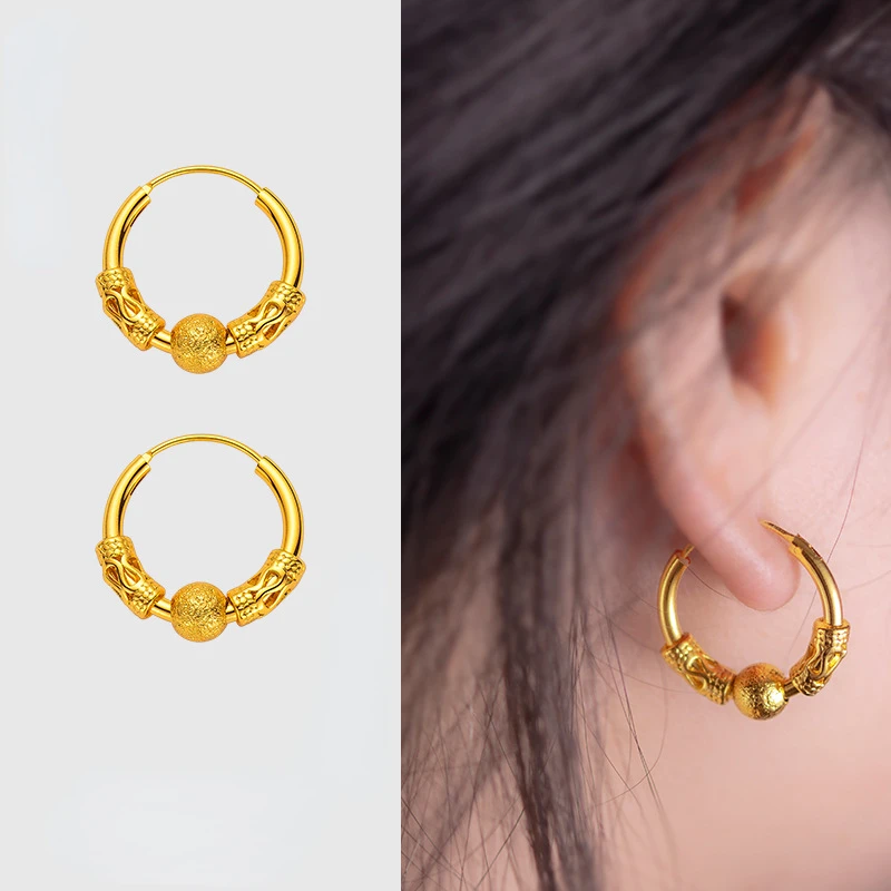 

Fine Jewelry Real 18K Gold Bead Carrying Ring Earrings Solid Gold Not Fade Wedding Engagement Christmas Jewelry Earring Gifts