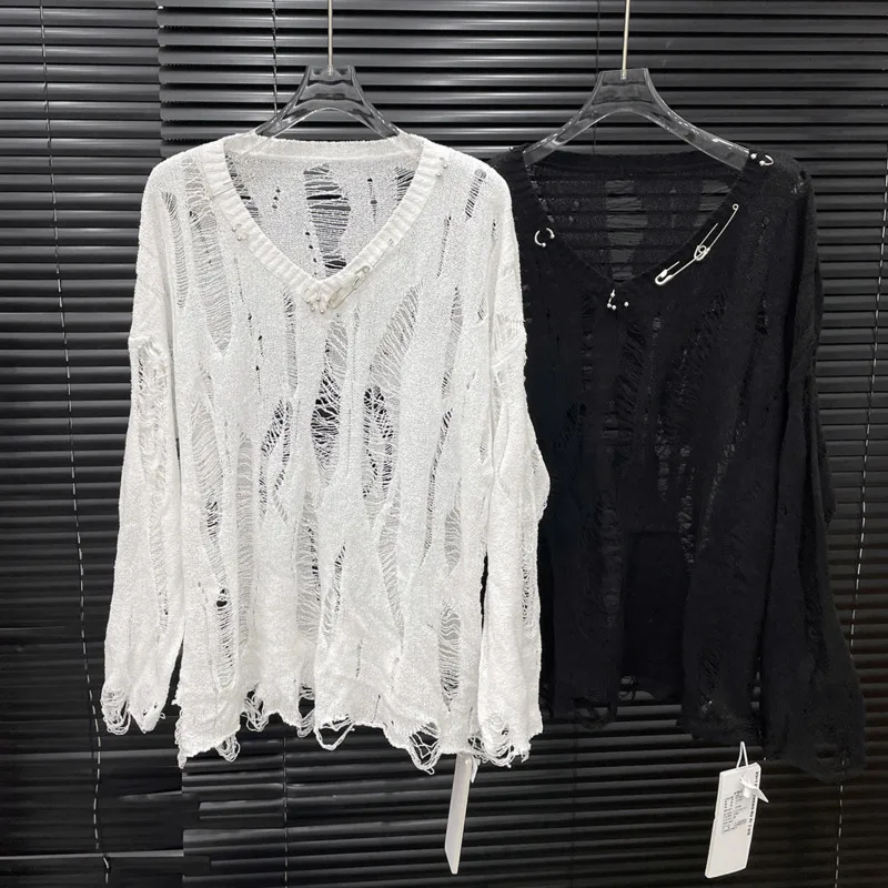 HKSH Autunno Nuove Donne Chic T-Shirt Con Scollo A V Manica Lunga Lavorato A Maglia Scava Fuori Spille Decorare Sottile Streetwear Alla Moda Casual Magliette E Camicette HK9053