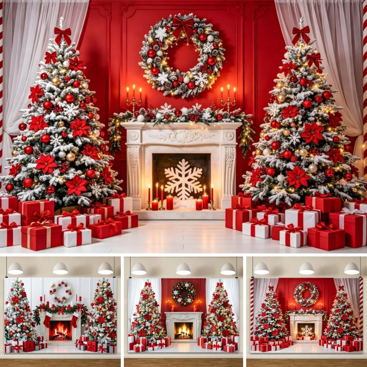 Christmas Fireplace Backdrop White Red Christmas Tree Photography Background Winter Family Portrait Party Banner Photo Photozone