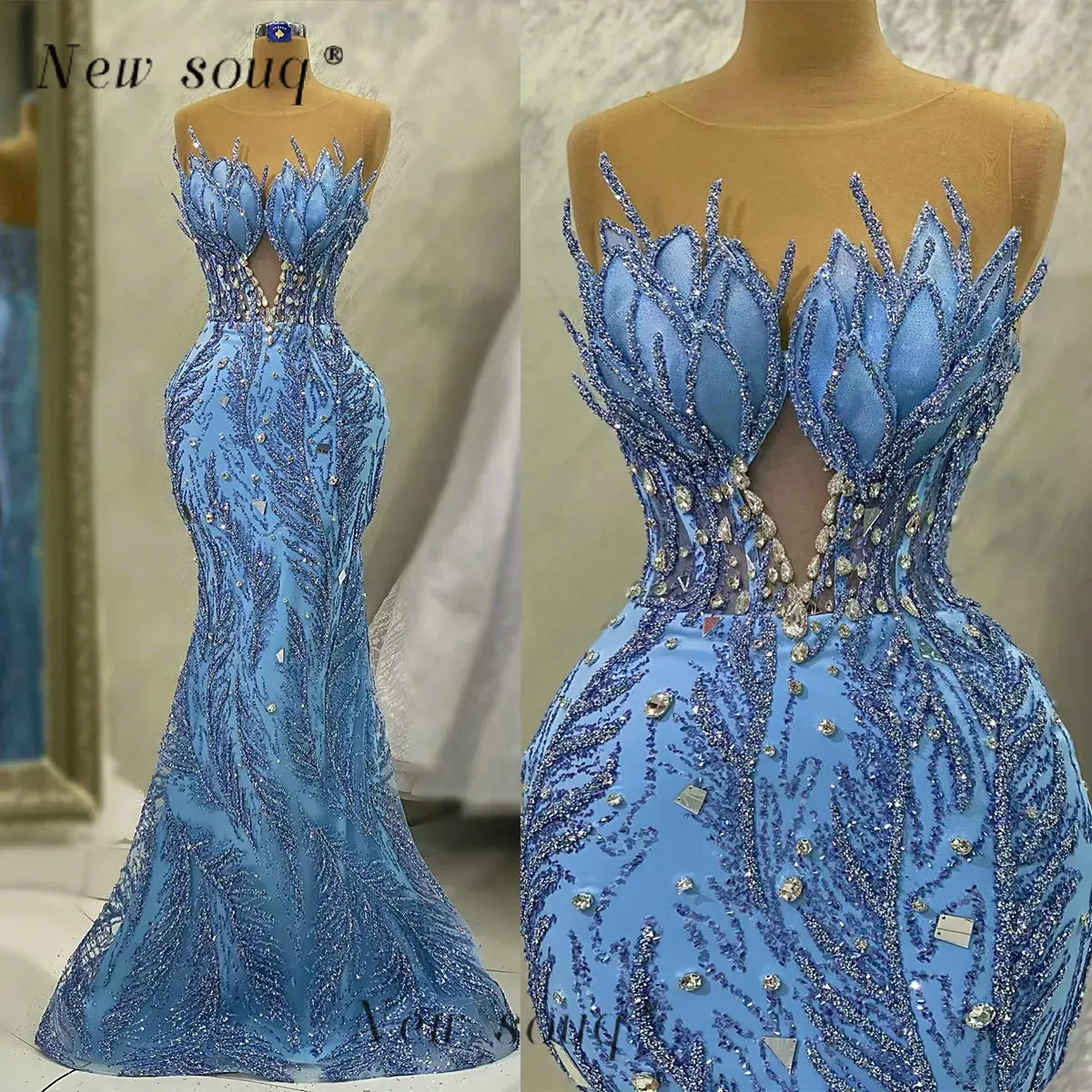 

African Fashion Blue Long Sparkle Mermaid Evening Dresses Glitter Crystals Formal Occasions Women Corset Wedding Party Gowns