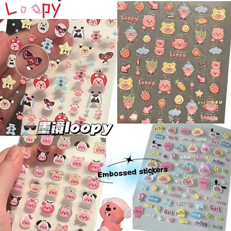 Adhesivo 3D en relieve Loopy, adhesivo transparente para bricolaje, lindo castor, accesorio de decoración de uñas mini impermeable y a la moda, regalo.