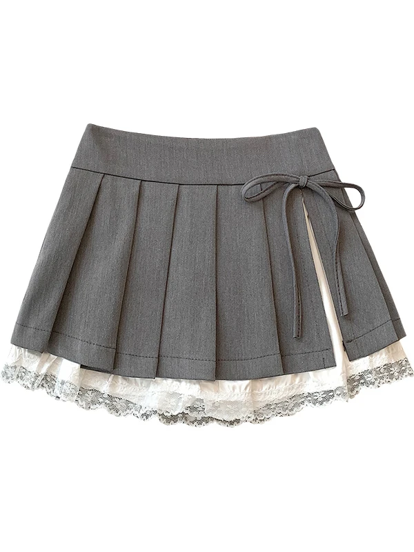 Spódnica w kształcie litery A z wysokim stanem, koronkowymi wstawkami i wiązaniem dla kobiet, nowość na lato 2025, styl koreański, elegancka, do pracy.