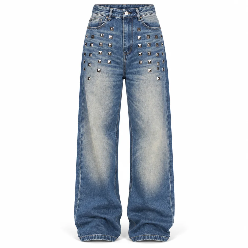Women's Blue Washed Studded Wide Leg Jeans High Rise Relaxed Straight Fit Vintage Streetwear Pants